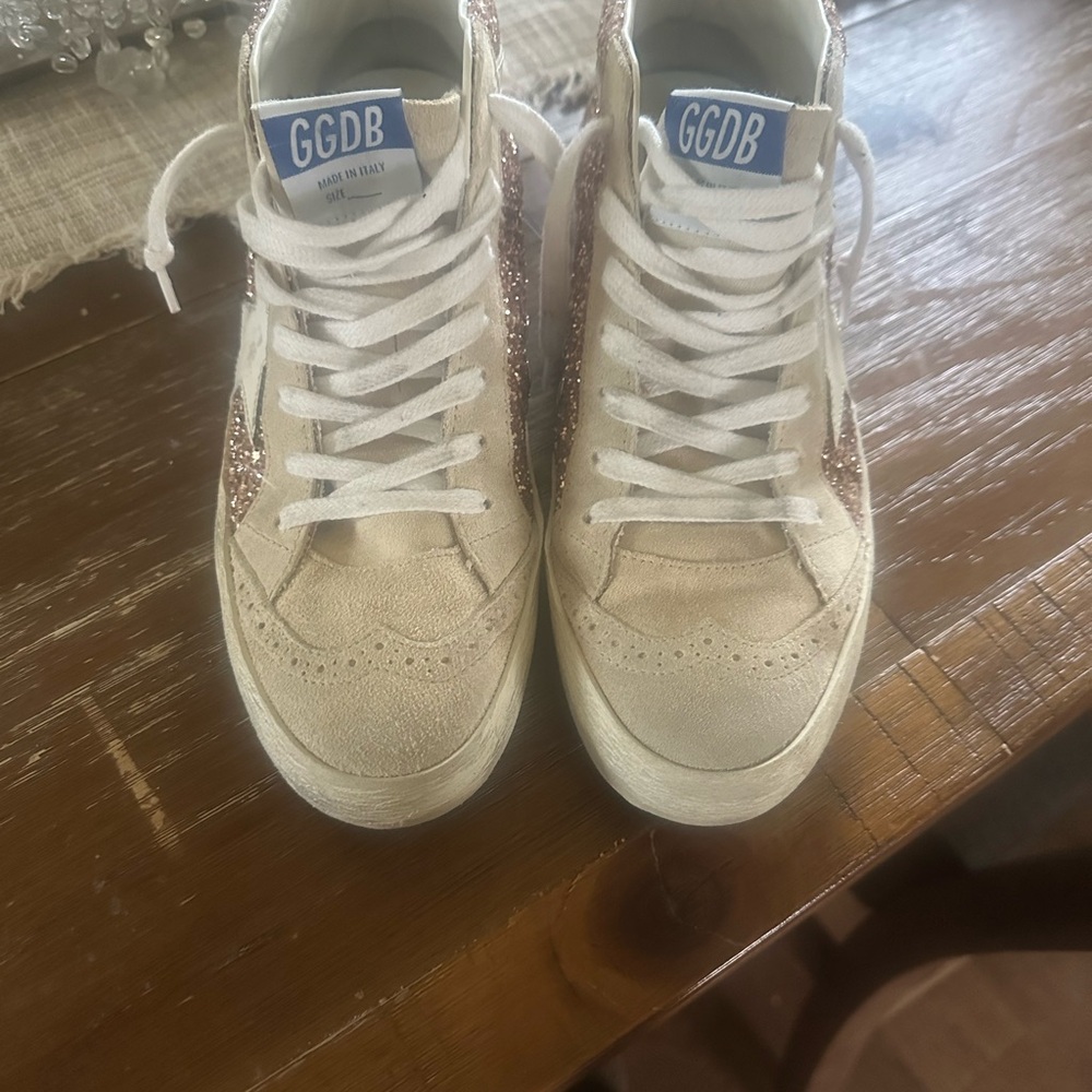 Golden Goose Beige and Pink Glitter Sneakers